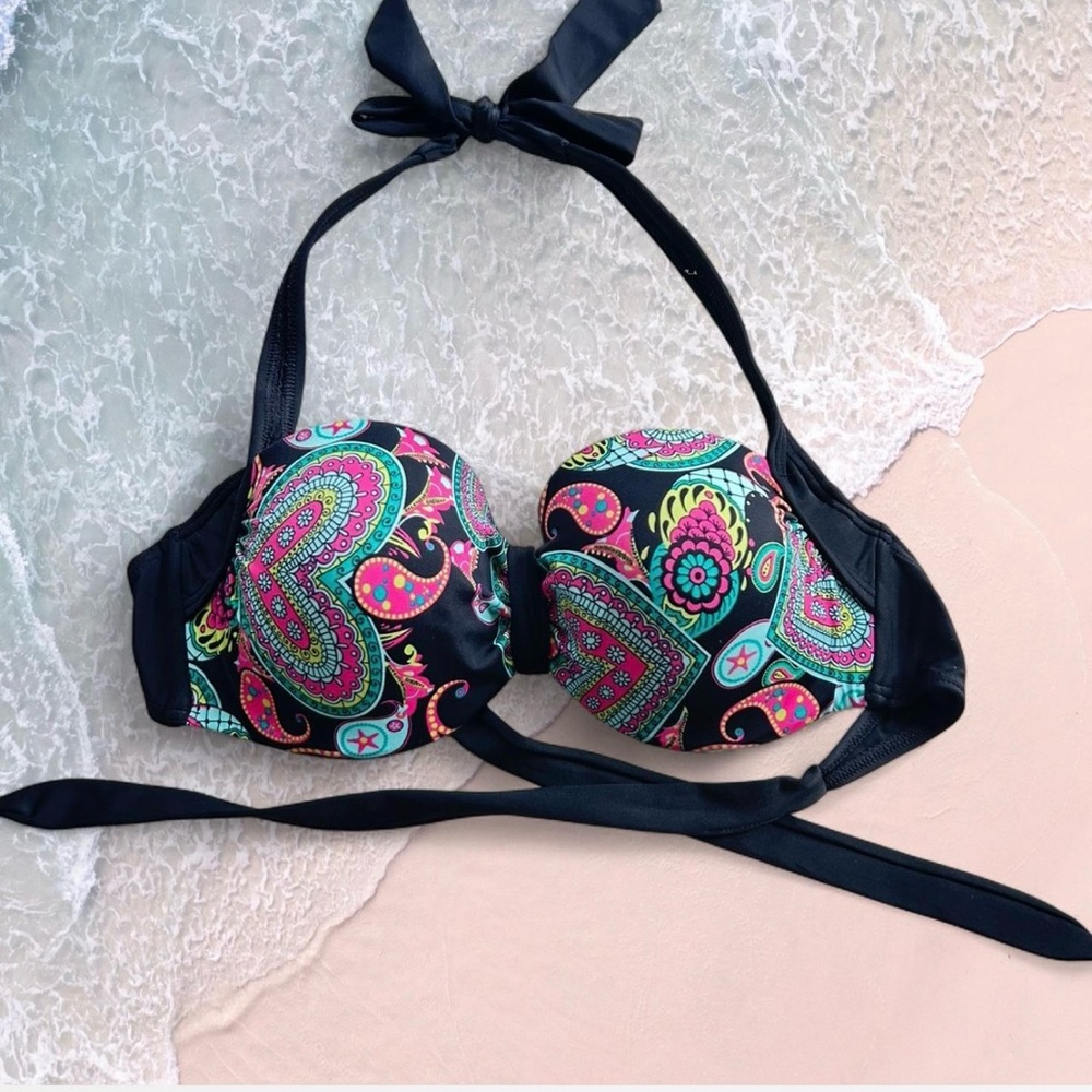 VENUS Black Bikini Top paisley halter d cup underwire printed